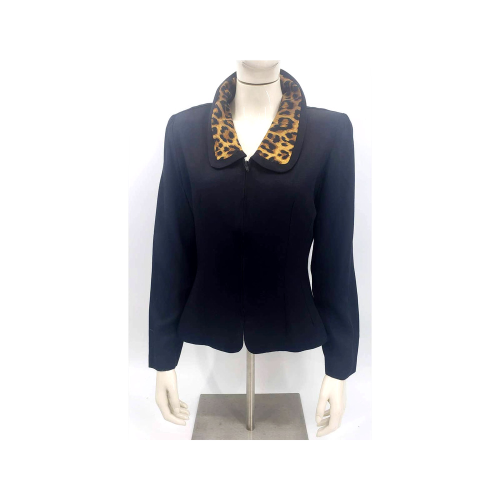 Vintage 1990s Casual Corner Sz 8 Faux Leopard Collar Zipper Front Blazer Jacket